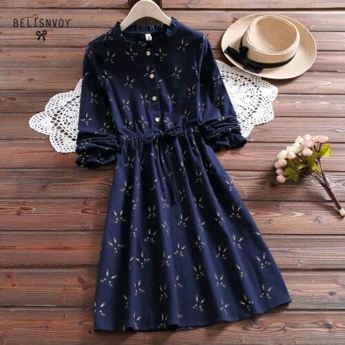 Mori Girl Women Spring Autumn Cute Dress Turn-down Collar Navy Blue Gray Lace Female Elbise Vintage Elegant Cotton Printed Dress