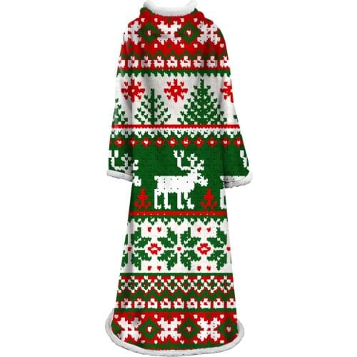 Christmas Hooded Blanket Microfiber For Adults Christmas Printed Fleece Wearable Thickened blanket with sleeves 127*178cm