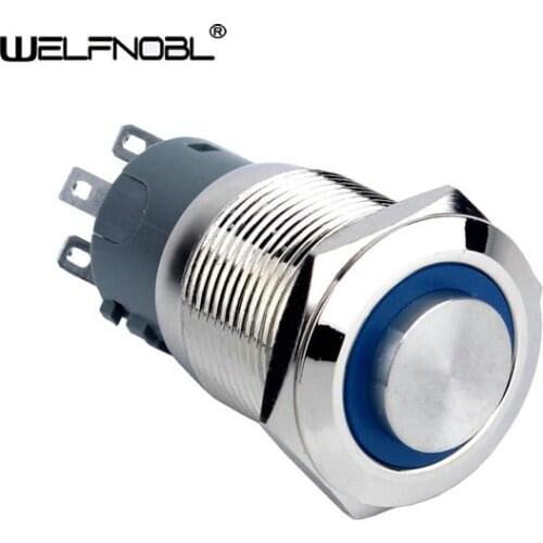 Reset Slef-Locking 19mm Waterproof Metal Electriacl 1NO1NC Blue LED Light Momentary Latching Push Button Switchh Button Switch