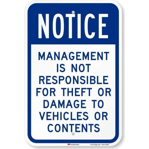 SmartSign-Gestión de aviso K8583HI12x8 ", no es responsabilidad por robo o daños a vehículos, señal | 12" x 8 "3M Hig