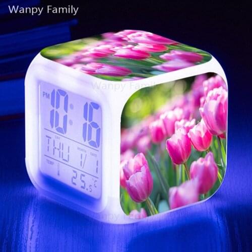 Pink Tulip Alarm Clock 7 Color Glowing LED Digital Alarm Clock For Kids room multifunction Night Light Electronic Clock Watches