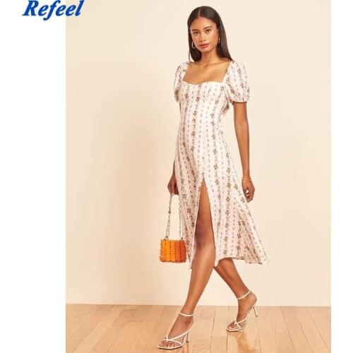 Vintage Short Sleeve party dress Slim Midi Dresses Casual Floral Print Ruched women dress Split vestido
