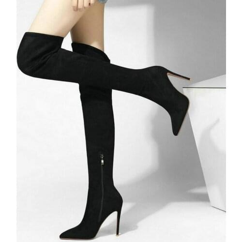Side Zipper Fashion Plus Size Long Tube Women Boots Stiletto Thin Soled Womens Over the Knee Boots Winter Boots Thick Suede