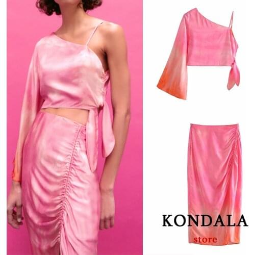 Za 2021 Chic Pink Tie Dye Women Suits Off Shoulder Sexy Cropped Tops Mujer and High Waist Zipper Side Split Midi Skirts Sets