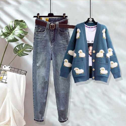 Women 201 Autumn Fashion 2 Piece Suits Female Printed Knit Sweater Cardigan Jacket Ladies High Waist Straight Jeans Sets P188