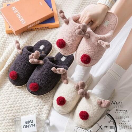 Woman Shoes Cotton Slippers Winter Home Thick Bottom Household Couple Cartoon Animals Cute Antler Antiskid Plush Warm Plush
