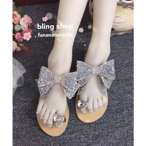 Koovan Womens Slippers Handmade 2020 Summer New Celebrity Inspired Crystal Oversized Bow Female Shoes Flats Bottom Slipper