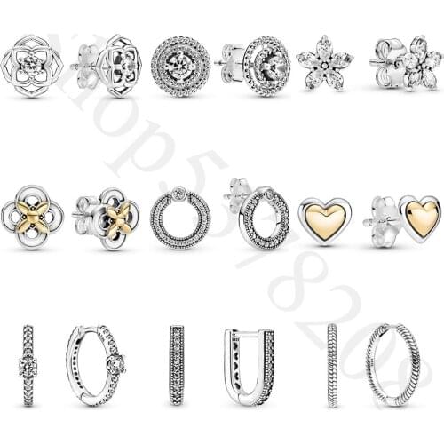 925 Sterling Silver Flower Heart Rose Logo Circle U-shaped Fashion Stud Earrings For Pandora Women Bead Charm Gift DIY Jewelry
