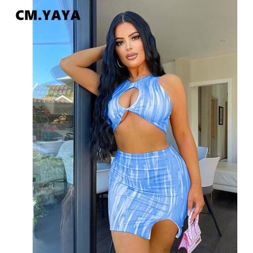 CM.YAYA Women Set Print Sleeveless Cut Out Crop Tops Mini Skirts Two 2 Piece Sets Sexy Fashion Streetwear Summer Outfits 2021