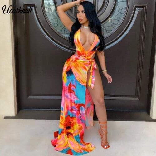 2021 Sexy Print Tracksuit Woman Two Piece Boho Outfit Suits Halter Bandage Body Top And Split Bow Tied Midi Skirts Matching Sets