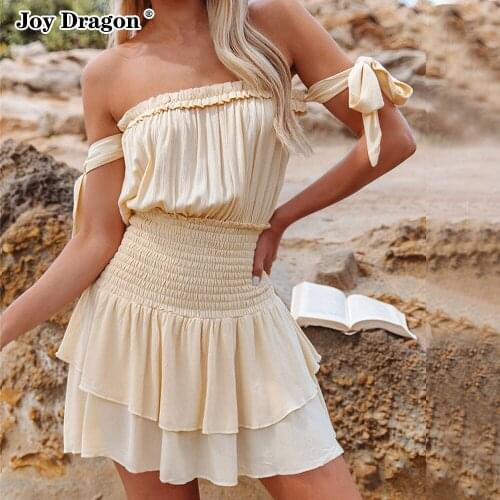 Elegant Summer 2021 Womens Sleeveless Ruffle Chiffon Dress Casual Off The Shoulder Black Mini Dresses Ladies Beach Sundresses