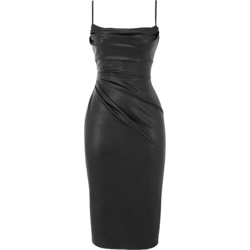 2021 New Summer Fashion PU Leather Women Dress Spaghetti Strap Sleeveless Club Evening Party Bodycon Elegant Dresses