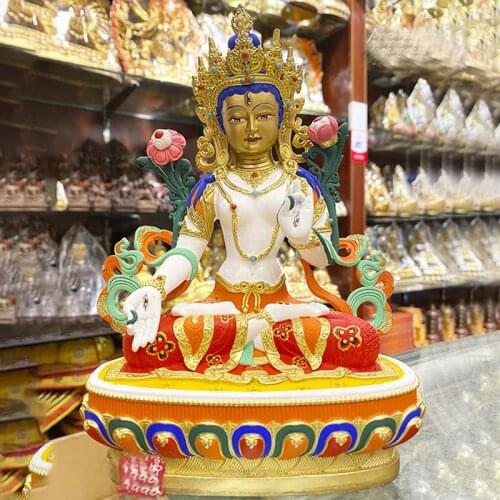 2021 high grade colored draw Good Buddha statue bless family Safety Health luck White Tara Guan yin Buddha Painted Buddha statue