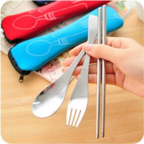 3pcs/set Camping Hiking Outdoor Picnic Utensils Stainless Steel Spoon Fork Chopsticks Travel Cooking Tableware Picnic Tableware