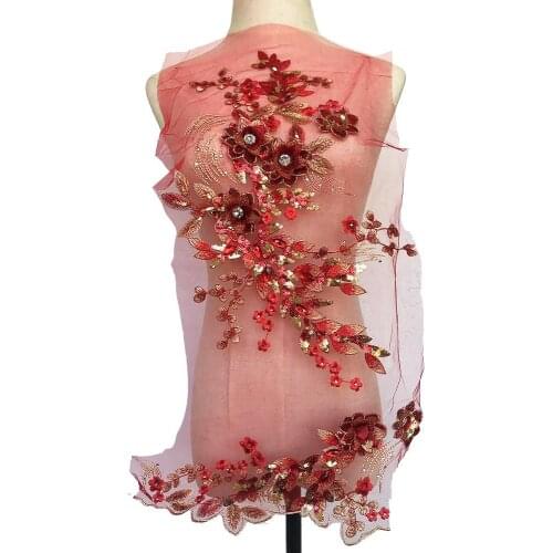 3D Flowers Sequins Lace Fabric Appliques For Wedding Dress Beads Rhinestone Patches Embroidery Lace Trims DIY Mesh Sew On Patch