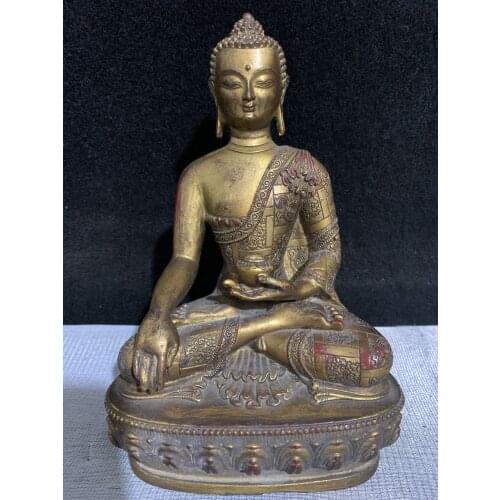 8"Tibet Buddhism Old Bronze Gilt Cinnabar Sakyamuni Medicine Buddha Sitting Buddha Enshrine the Buddha