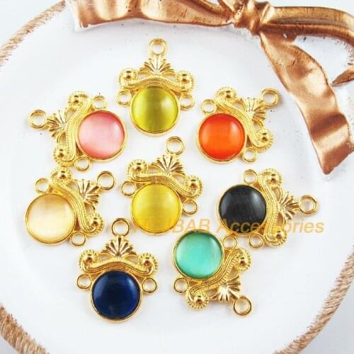8Pcs Gold Color Flower Mixed Round Stone Charms Connectors 18x23mm