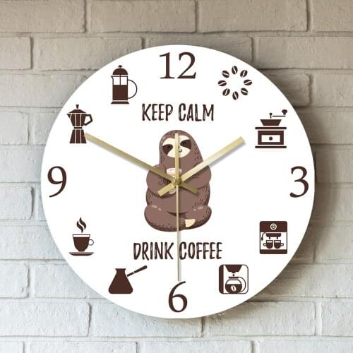 Clock Funny Cartoon Sloth Drinking Coffee Large Acrylic Wall Hanging Clock Keep Calm Drink Coffee Cafe Shop Printed Wall Decor