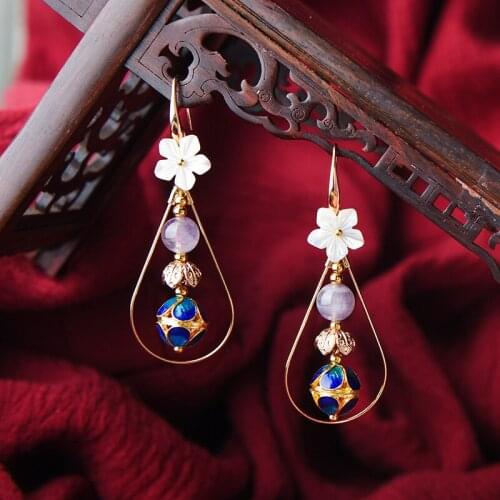 BOEYCJR Ethnic Vintage Stone Bead Shell Flower Dangle Earrings Fashion Jewelry Elegant Drop Earrings For Women Gift