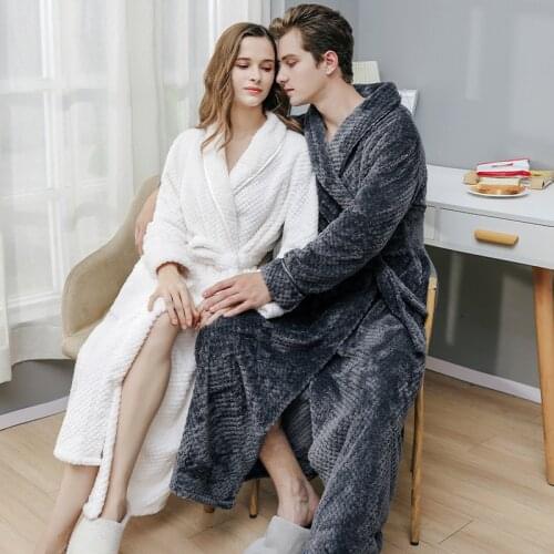 SR177 Womens and Mens Terry Bathrobe Flannel Solid Long Sleeve Ladies Dressing Gown Winter Thick Ankle Hooded Bath Robe Kimono