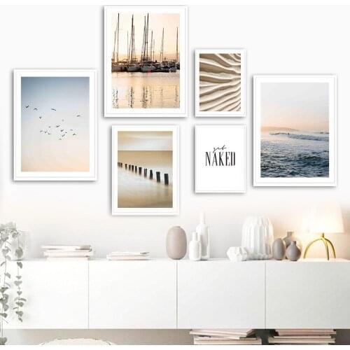 Seagull Sea Wave Boat Sand Wall Wood Pile Wall Art Canvas Painting Nordic Posters And Prints Wall Pictures For Living Room Decor