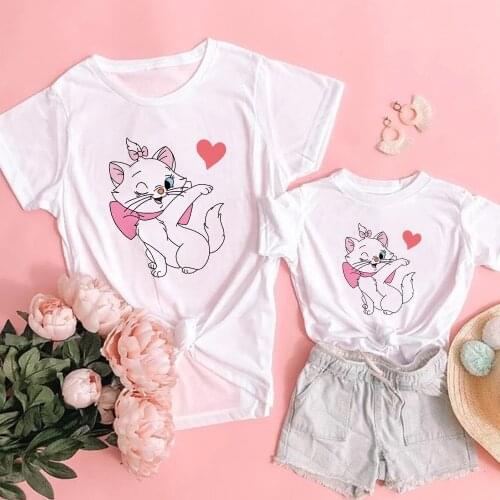 New Cool Fashion T Shirt Women Marie Cat Print Children Tshirt Disney Aristocats Mommy and Me Girl T-shirts Family Look Outfits