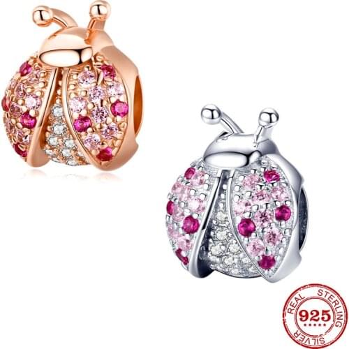 New 925 Silver Metal Charm Silver Rose Gold Colorful Ladybug metal Beads Fit Pandora Charm Bracelets Bangles DIY Women Jewelry