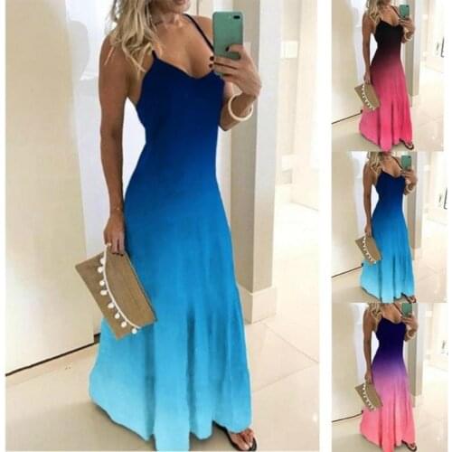 Womens Plus Size Sleeveless Strappy Dress Boho Summer Holiday Maxi Casual Slim Printed Swing Dresses S-5XL