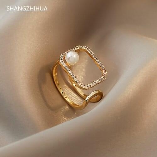 SHANGZHIHUA Design classic gold hollow square pearl ring for womens 2021 new stylish Korean jewelry party unusual ring