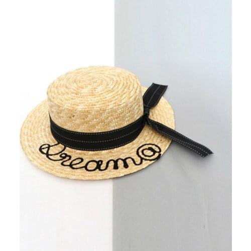 Summer Unisex Handmade Natural Wheat-Straw Women Sun Hat With Bow Wide Brim Flat Top Hats Men Beach Solid Caps Sun Protection A1