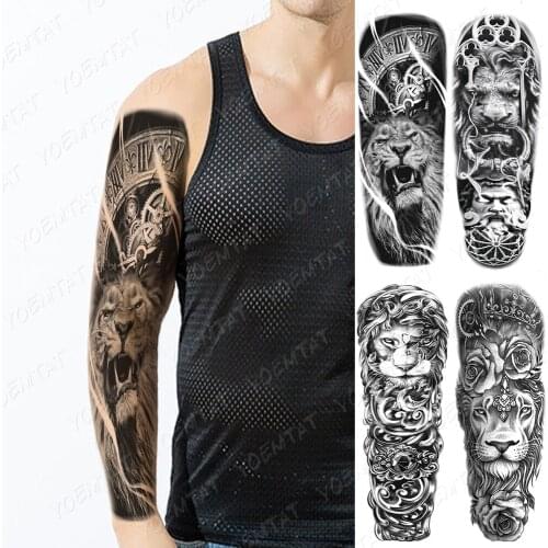 Waterproof Temporary Full Arm Tattoo Stickers Clock Lion Wolf Zeus Rose Flash Tattoos Men Body Art Big Fake Sleeve Tatto Women