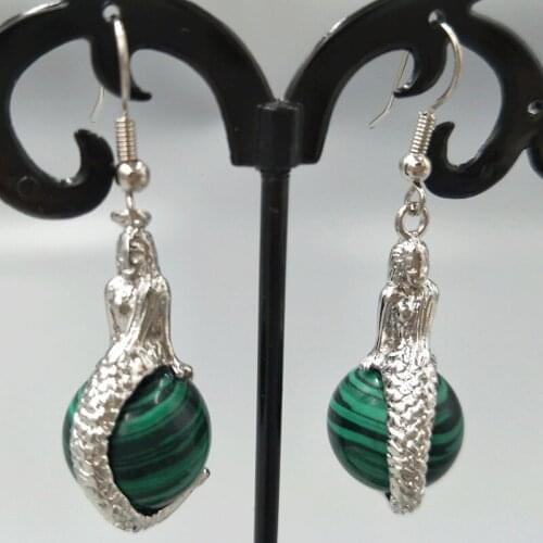 Free Shipping Women Fashion Jewelry 14mm Malachite Mermaid Spherical Beads Dangle Earrings C5313