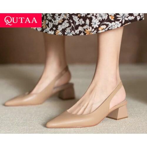 QUTAA 2021 Pointed Toe Back Strap Slingback Summer Women Pumps Genuine Leather Square Heel Concise Female Shoes Big Size 34-43