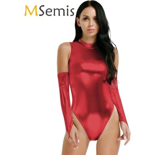 Womens Shiny Swimsuit Lingerie Wetlook Leather Latex Bodysuit One-Piece Gymnastics High Cut Thong Leotard Catsuit Bodysuit