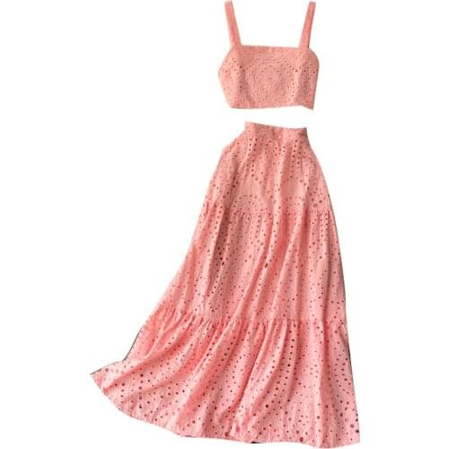 Women Summer French Vacation Two Pieces Set Hollow Off Shoulder Strap Short Tops+Midi Skirt Sets Fashion 2 piece sets womens