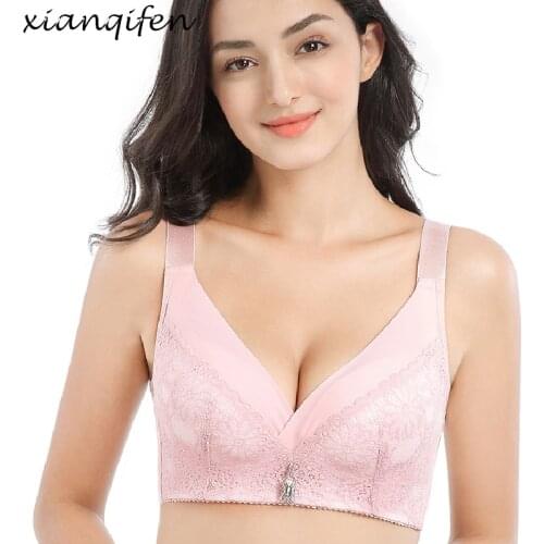 Xianqifen thin sponge lace floral top bh plus size bras for women bralette wireless push up gather brassiere BCD 36 38 40 42 44