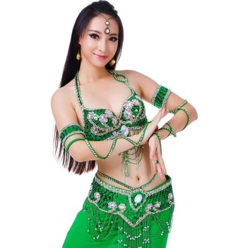 Women Sexy Belly Dance Beaded Top Bra & Belt 2pieces Belly Dance Costume Outfit Set Female Bollytwood Dance Costume 11 colors