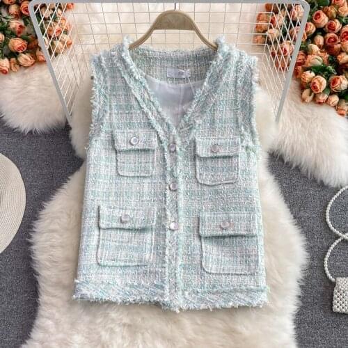 2021 autumn and winter new style Korean short V-neck tweed vest jacket women temperament tops women