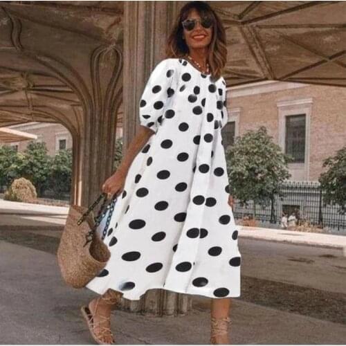 Dot Print Long Dresses for Women Summer 2021 Elegant Puff Sleeve Loose A-Line Dress Casual Beach Wear Plus Size Dresses Vestidos