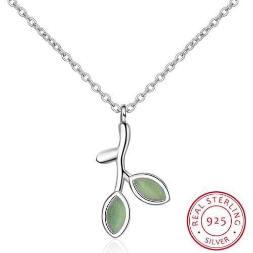 925 Sterling Silver Hope Green Tree Leaves Buds Enamel Women Pendant Necklaces for Women Sterling Silver Jewelry SCN302