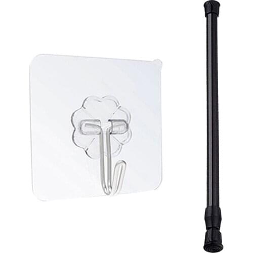 20 Pcs Waterproof Self-Adhesive Hook & 3 PCS Tension Rod Black Spring Curtain Rods