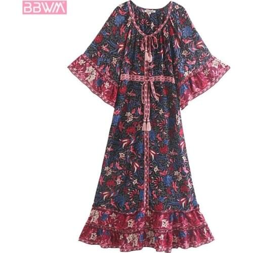 2019 summer ethnic wind seven-point sleeve V-neck single-breasted Womens dresses Waist retro bohemian fringed feminine dress