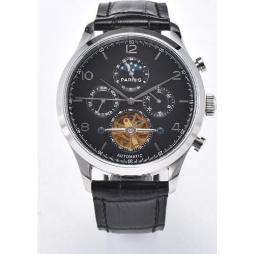 New Parnis 43mm Automatic Mechanical Mens Watch Moon Phase Calendar Men Watches JHS35 Movement 2020 relojes para hombre montre