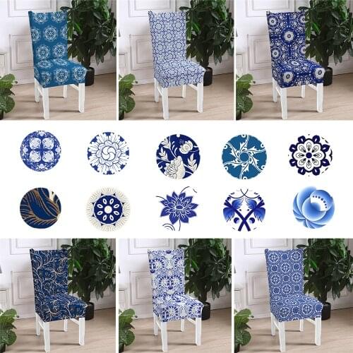 Chair Covers Dining Blue And White Porcelain Spandex Slipcovers Universal Size Elastic Seat Cover For Wedding Hotel