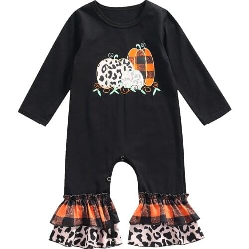 FOCUSNORM 0-24M Baby Girls Boys Rompers Casual Long Sleeve Trumpet Halloween Pumpkin Print Jumpsuit
