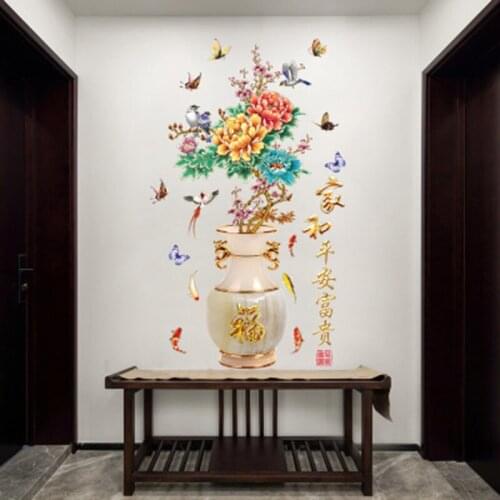 Chinese Style Vase Flowers Birds Butterfly Wall Sticker Cabinet Window Glass Decor Wall Decals Office Home Decoration Wallpaper