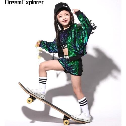 Girl Sequin Hip Hop Street Dance Short Kids 3 Pcs Sets Child Cool Jazz Jacket Tank Top Outfit Teenage Costume Clothes Streetwear