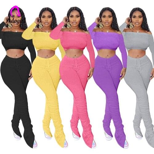 Adogirl Active Wear Womens Set Off Shoulder Crop Tops Stacked Flare Pants Suit Tracksuit Sport Two Piece Set Fitness Outfit