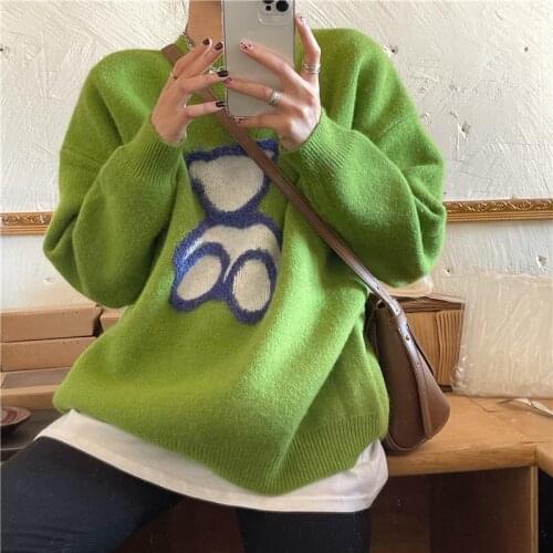 Korean Chic Bear Cartoon Sweater Women Loose Casual Pullovers 2021 Spring Autumn New Fashion Cottagecore O Neck Sweater Sweet