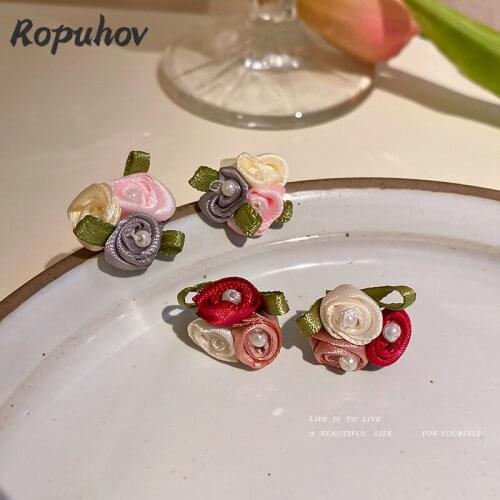 ROPUHOV 2021 Korean Trendy 925 Silver Needle Pearl Flower Earrings Autumn And Winter Fabric Retro Sweet Contrast Earrings